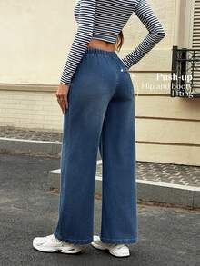 SHEIN Essnce Summer Casual Tummy Control Compression Fit High Waist Drawstring Wide Leg Flattering Daily Wear Comfortable Jeans For Women Everyday Night Out Blue - Dusty Blue - View 3