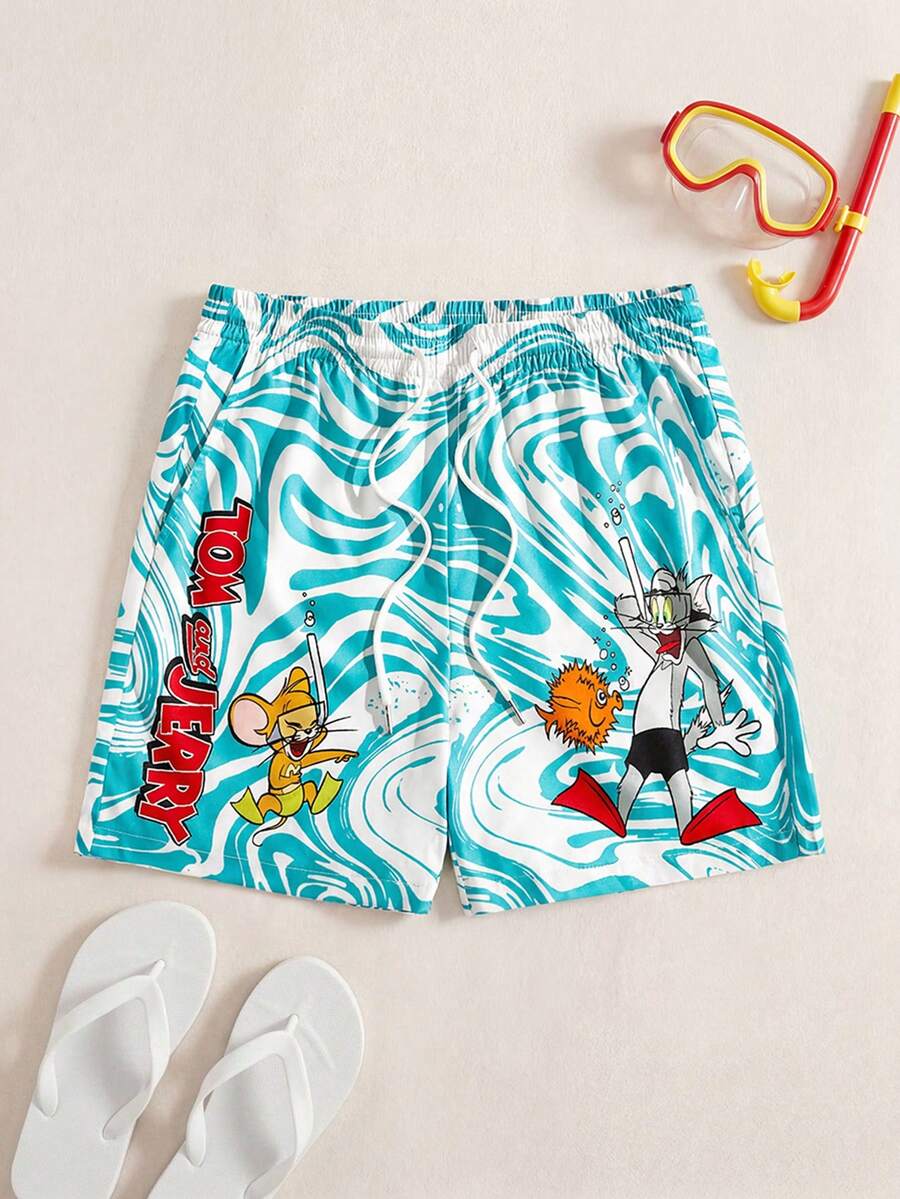 TOM & JERRY X SHEIN 1pc Men's Green And White Summer Vacation Cartoon Pattern Drawstring Waist Beach Shorts, Hawaiian - Green - View 1