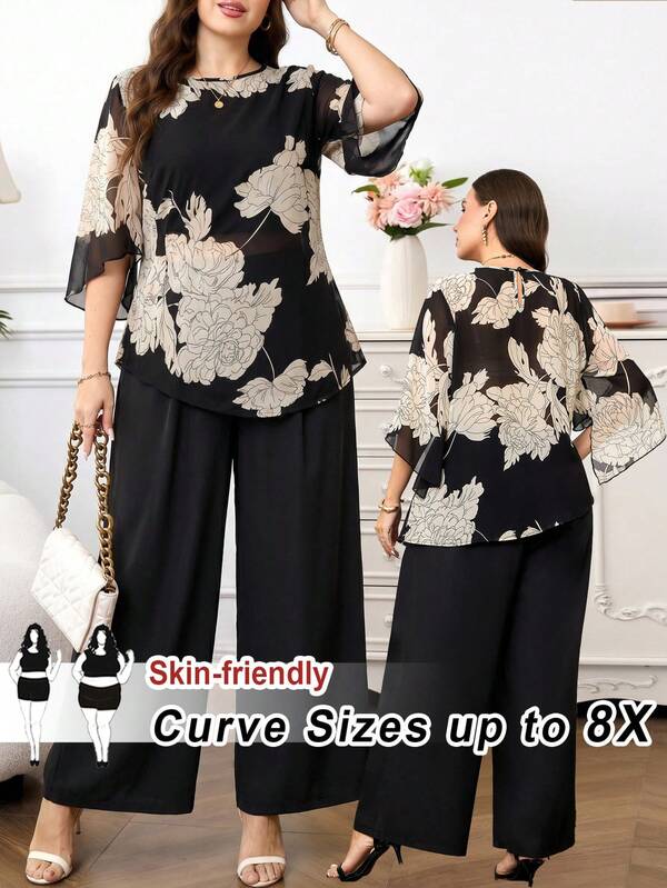 SHEIN CURVE+ Plus Size Women Floral Print Top And Wide Leg Pants Casual Daily 2 Pieces Set