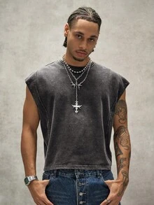 PAVTROS Men's Summer Casual Fashion Street Style Western Cowboy Vacation Style Rivet Decor Washed Loose Tank Top - Black - View 5