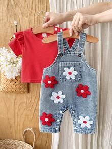 SHEIN Playful Pals 2件組女嬰可愛刺繡花朵藍色牛仔吊帶褲與紅色條紋軟布圓領短袖T恤，適合夏季親子穿搭 - 紅色 - 查看 4