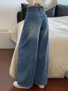 DAZY Celana Jeans Denim Kasual Wanita Model Regular Pinggang Tengah dengan Desain Belahan dan Potongan Kaki Melengkung untuk Musim Gugur - Dark Wash - View 3