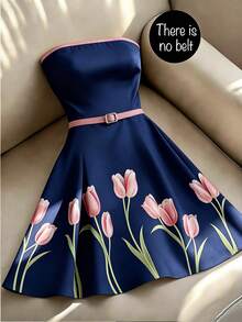 Franclia Women's Sweet Floral Print Strapless Dress For Vacation And Dating - Navy Blue - View 1