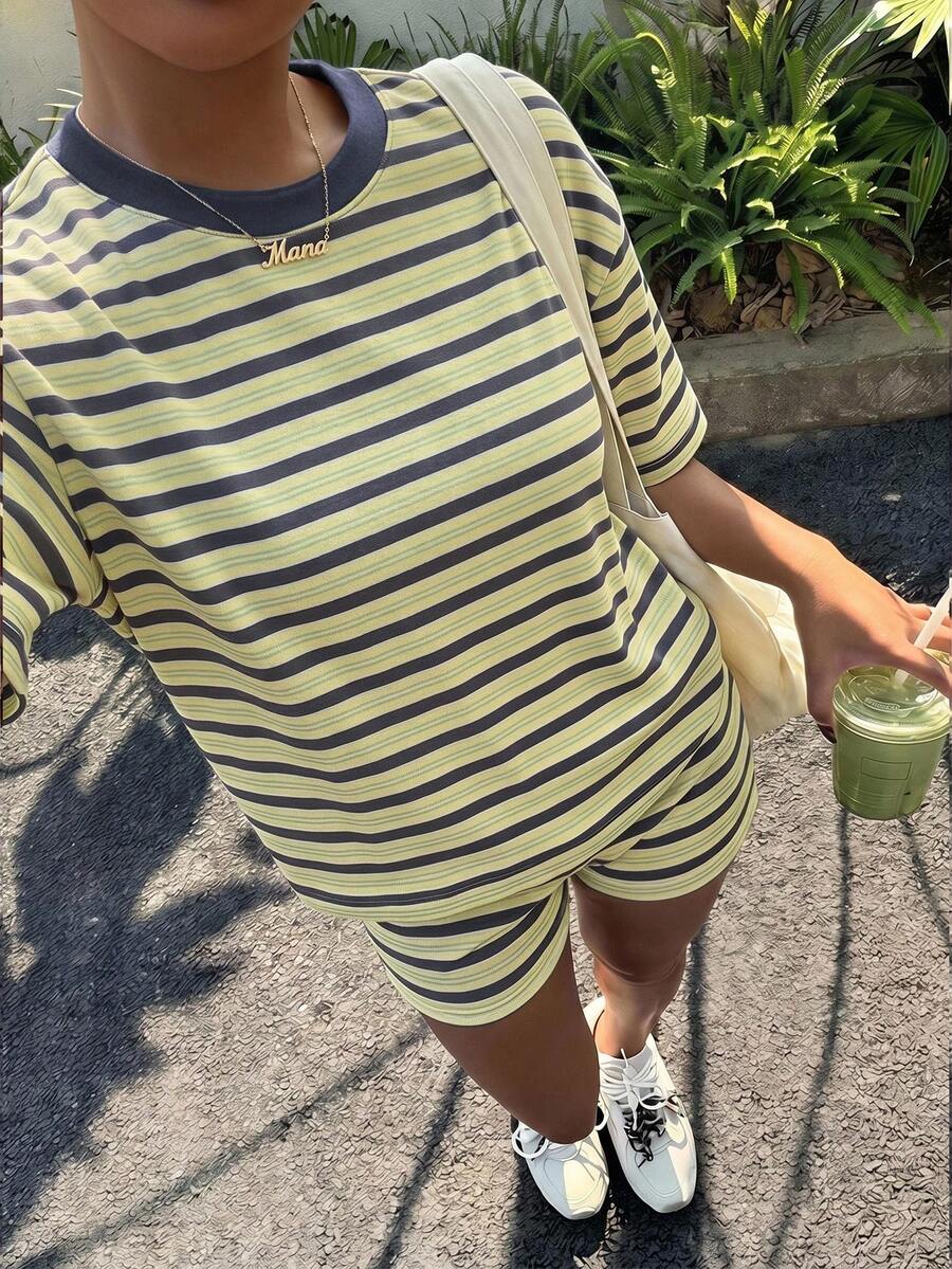 Veykashi 大尺碼女款休閒寬鬆寬腿度假套裝,美式復古條紋穿搭,女款街頭風套裝 - 彩色 - 查看 1