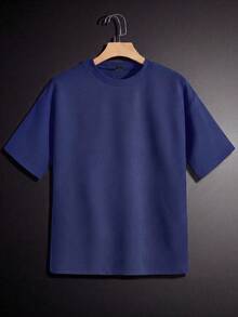 GENTILAND Camiseta holgada de hombro caído para hombre de color sólido - Neblina azul - Ver 6