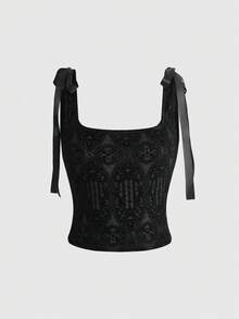 ROMWE Dark Gothic Court Style Church Window Pattern Flocked Sheer Fitted Tank Top - Black - View 1