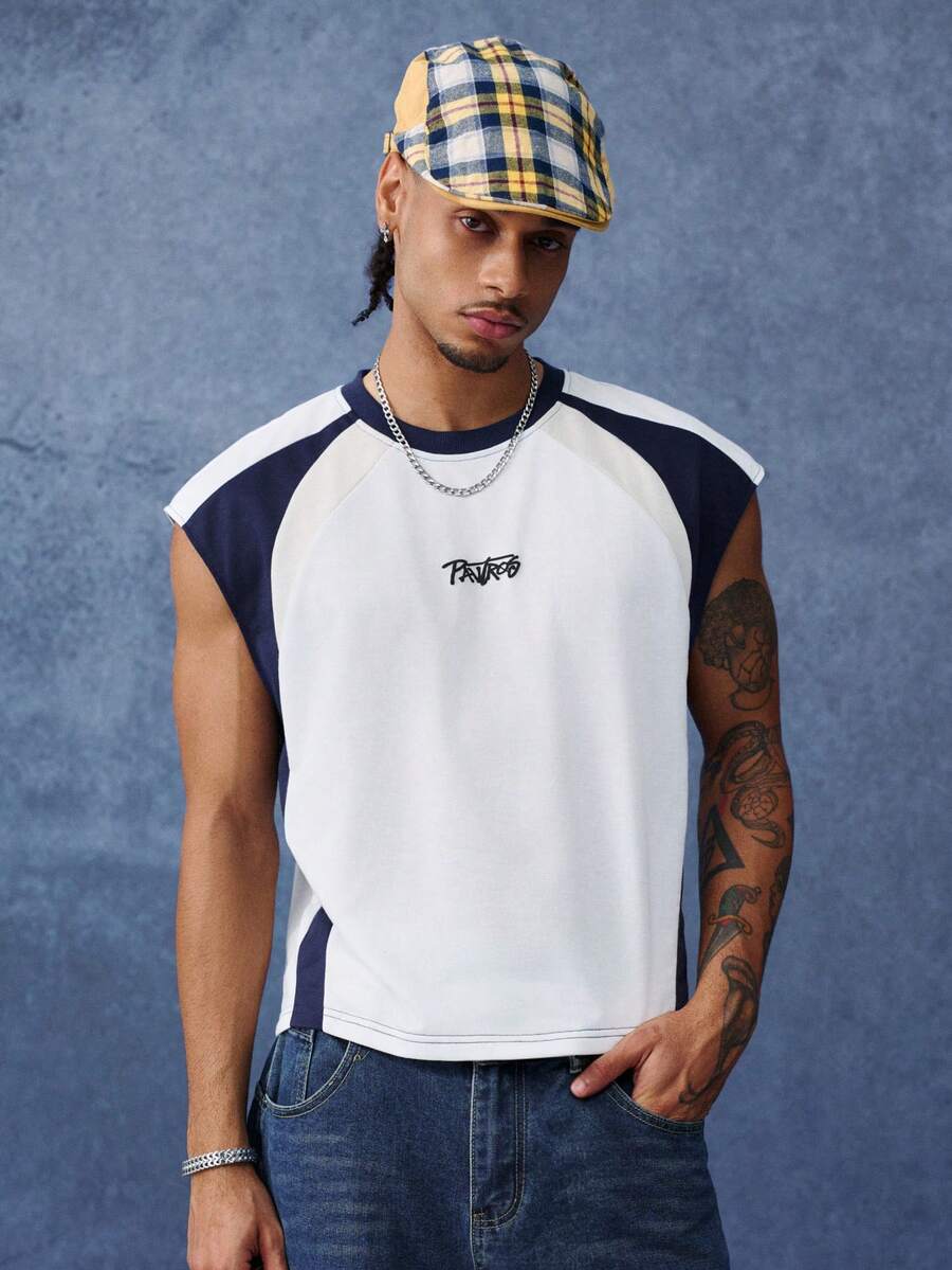 PAVTROS Camiseta sin mangas de hombre con bloques de color, patchwork e impresión de letras - Multicolor - Ver 1