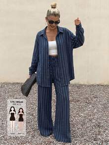 Livesso Tall Women's Navy Blue Loose Shirt And Long Pants Casual 2 Pieces Set Autumn Travel - Navy Blue - View 1