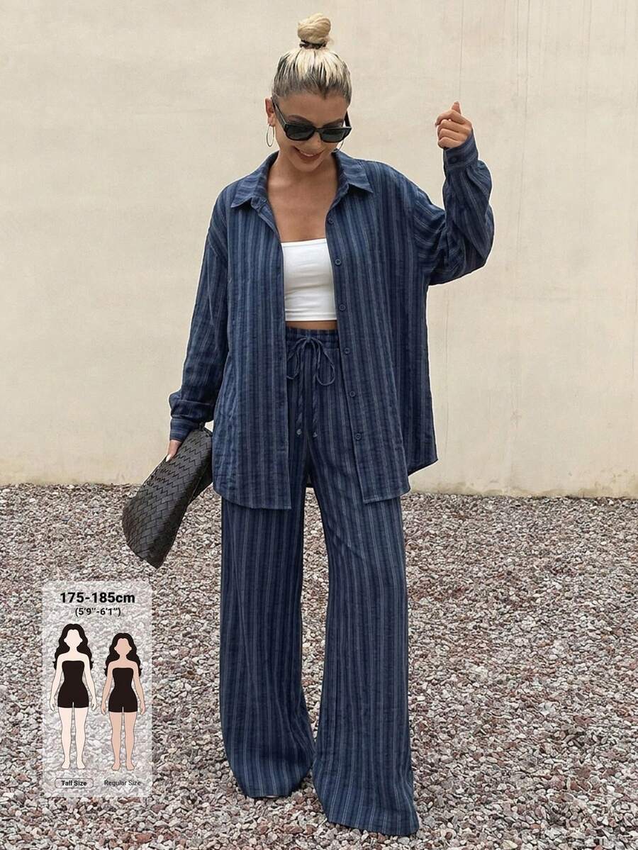 Livesso Tall Women's Navy Blue Loose Shirt And Long Pants Casual 2 Pieces Set Autumn Travel - Navy Blue - View 1