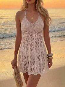 Swim Vcay Swim Chiccia Women's Spring/Summer Casual Tropical Boho V-Neck Sleeveless Beach Vacation Cover-Up, Cold Shoulder Tie-Back Open-Back Swim Dress, Beige - Apricot - View 6