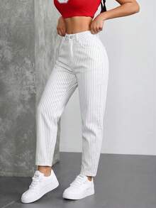 SHEIN ICON 女款條紋口袋休閒通勤牛仔媽媽牛仔褲 - 黑與白 - 查看 4