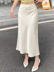 DAZY Women's Elegant Solid Color Elastic Waist Skirt, Spring/Summer - Apricot - View 11