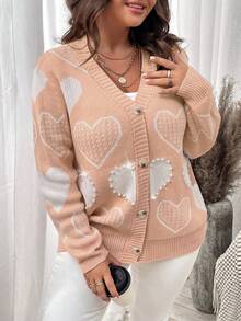 Elenzga Plus Size Women's Heart Pattern Single-Breasted Casual Daily Cardigan - Dusty Pink - View 4