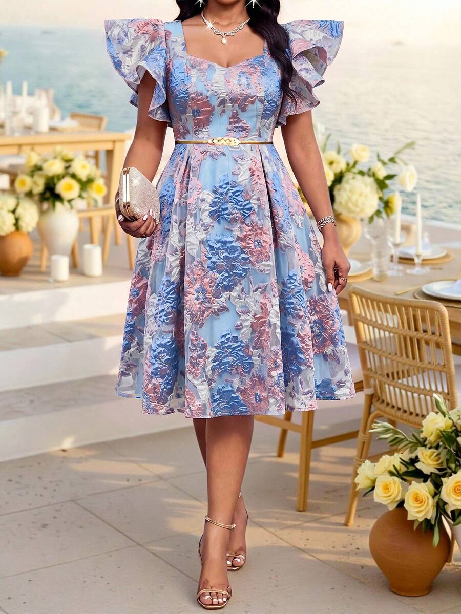 Fleurora Plus Size Women's Jacquard Pleated Fashion Date Formal Christening Guest Summer Dress Wedding Sky Blue Elegant Wedding Wedding - Blue - View 1