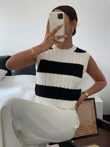 Siren Gaze 休閒極簡老錢風粗針編織黑白條紋女款上衣，適合春夏初秋，適合辦公穿著 - 彩色 - 查看 5