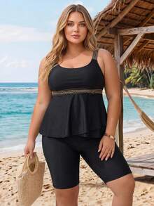 SHEIN CURVE+ 2026 Summer Beach Vacation Plus Size Color Block Panel Wide Strap Bikini Set With Tank Top And Shorts Black Sexy Tropical - Black - View 6
