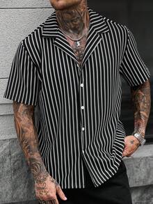 Manfinity CasualCool 男士休閒寬鬆黑白條紋針織提花百搭襯衫 - 黑與白 - 查看 7