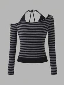 Tween Girl Fall Tops Fall Striped 2 In 1 Halter Neck Long Sleeve Top, Cold Shoulder Design With Atmospheric Vibe, Autumn - Black - View 9