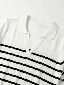 SHEIN Franclia 新款夏季韓系溫柔風休閒通勤百搭女款 Polo 領針織上衣 - 黑與白 - 查看 7