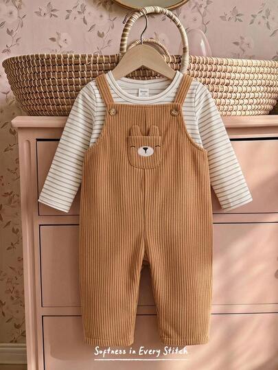 Cozy Pixies Baby Boy Cartoon Bear Pattern Overalls Jumpsuit, Versatile And Comfortable, Suitable For Spring And Autumn