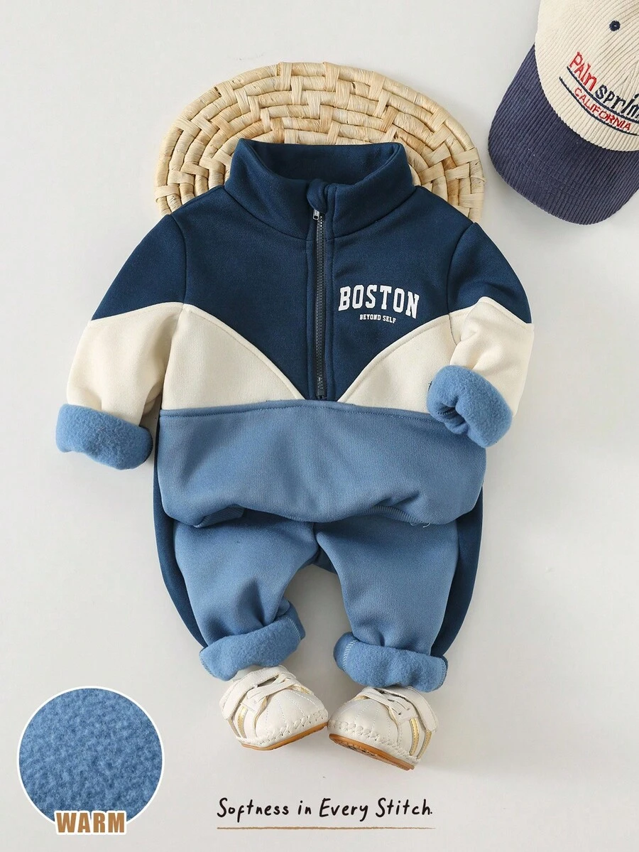 Kids Young Boy Casual Letter Print Colorblock Long Sleeve Sweatshirt And Sweatpants Set Back-To-School Winter Vacation Comfortable Cute Street