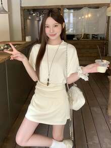 DAZY Women's Soft & Gentle Fashion Top + Skorts 2 Pieces Set, Summer Lounge Sets For Women School - Apricot - View 4