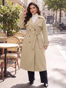 SHEIN Lady CURVE 大码女式卡其色双排扣翻领系带长款风衣，格子布内衬，带口袋，舒适保暖，2025新款，适合秋季、冬季、复古风、外出、秋季、风衣、冬季、秋季、办公室、秋季、优雅、秋季、万圣节服装、老钱风格、秋季、商务休闲、办公室、工作、职业女性、商务休闲、女性办公室着装、办公室服装，适合多种秋季场合 - 卡其色 - 查看 1