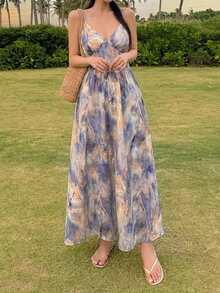 DAZY Women's Elegant Tie-Dye Pattern Spaghetti Strap Dress For Vacation - Blue - View 6