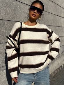 Livesso Tall Sweater Kasual Wanita Lengan Panjang Longgar Bergaris Leher Bulat untuk Musim Gugur - Aprikot - View 6