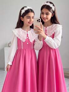 SHEIN Girls Pink Dress Long Sleeves, Double-Layer Hollow Lace Collar Delicate Lace Trim, Ruffle Cuffs Fall Clothes,Back To School,School Clothes,Outfit Sets - Multicolor - View 1