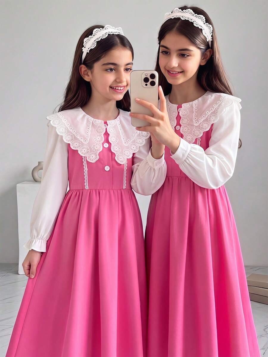 SHEIN Girls Pink Dress Long Sleeves, Double-Layer Hollow Lace Collar Delicate Lace Trim, Ruffle Cuffs Fall Clothes,Back To School,School Clothes,Outfit Sets - Multicolor - View 1