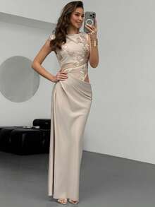 RiviMae Seductive Summer Beige Women's Elegant Embroidered Mesh Hollow-Out Bodycon Long Dress, Sleeveless Pleated Asymmetric Patchwork Formal Dinner Gown - Dusty Pink - View 4