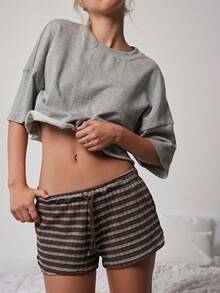 WESTFADE Cute Mid Rise Tie Front Textured Knit Lounge Striped Mini Short, Casual Fall Autumn Winter, Lounge, Country Look, Cowgirl, Western, Back To School - Brown - View 6