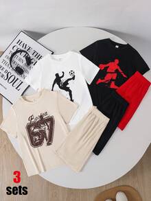 SHEIN 6件套男童休闲时尚印花圆领短袖T恤短裤套装，适合夏季休闲、运动、上学、度假穿着。 - 彩色 - 查看 3