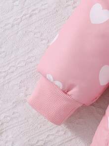 SHEIN Elladie kids 冬季女童休閒西式嬰兒白色愛心印花連帽中長款棉外套，毛邊飾，極地抓絨內裡，彈性腰帶，寬鬆版型 - 粉色 - 查看 6