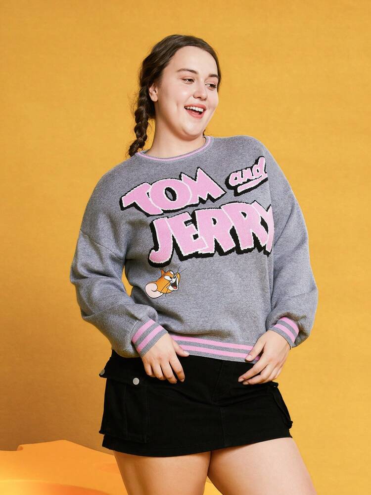 TOM & JERRY X SHEIN Plus Cartoon & Letter Pattern Drop Shoulder Round Neck Sweater - Grey - View 4