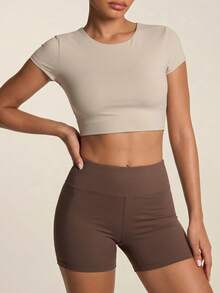 SHEIN BAE Áo thun thể thao nữ tay ngắn hở lưng thiết kế xoắn - Màu Khaki - Xem 4