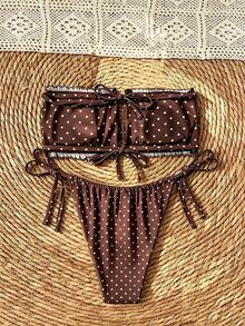 Swim Basics 女款夏季海灘波點抓皺抹胸比基尼上衣與三角褲兩件式泳衣套裝 - 彩色 - 查看 5