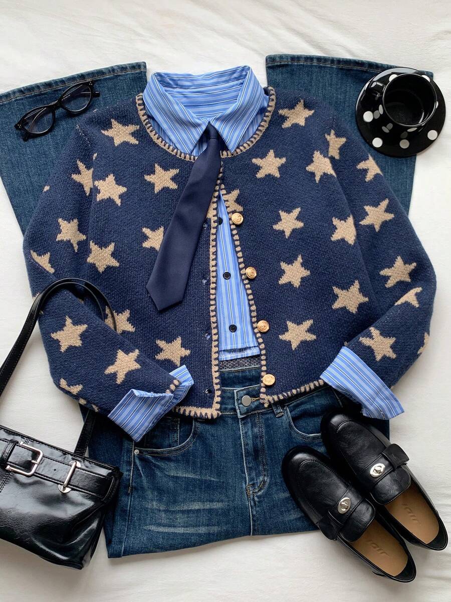 Comfortcana Jacquard Fashion Metal Button Long Sleeve Knit Cardigan - Navy Blue - View 1