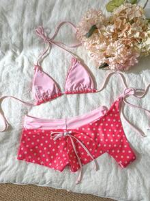 Swim Mod 女款春夏新款波點印花蝴蝶結裝飾V領掛脖露背三角上衣綁帶比基尼泳褲與低腰內褲3件式泳裝套裝 - 玫紅色 - 查看 5
