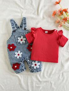 SHEIN Playful Pals 2件組女嬰可愛刺繡花朵藍色牛仔吊帶褲與紅色條紋軟布圓領短袖T恤，適合夏季親子穿搭 - 紅色 - 查看 3