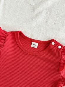 SHEIN Playful Pals 2件組女嬰可愛刺繡花朵藍色牛仔吊帶褲與紅色條紋軟布圓領短袖T恤，適合夏季親子穿搭 - 紅色 - 查看 5