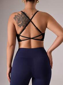 SHEIN Velisys Seamless Sports Yoga Plus Size Double Layer Bra/Leopard Print Texture/Minimalist/Comfortable/Cross Back Strap/Fashion Sexy Versatile/ - Black - View 2