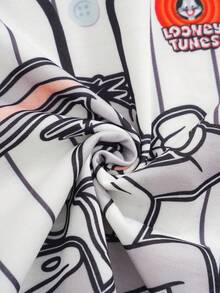 LOONEY TUNES X SHEIN 1件趣味運動風小男孩條紋卡通印花圓領短袖T恤 - 黑與白 - 查看 6
