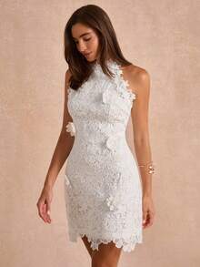 Enchnt Premium Summer Romantic Women's Elegant White Short Lace Floral Elegant Dress,Graduation Dress,Wedding Dress,Vacation Dress,Festival Outfits - White - View 5