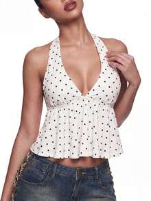 SHEIN ICON 夏季女士外出性感假日波点印花荷叶边吊带背心 - 白色 - 查看 1