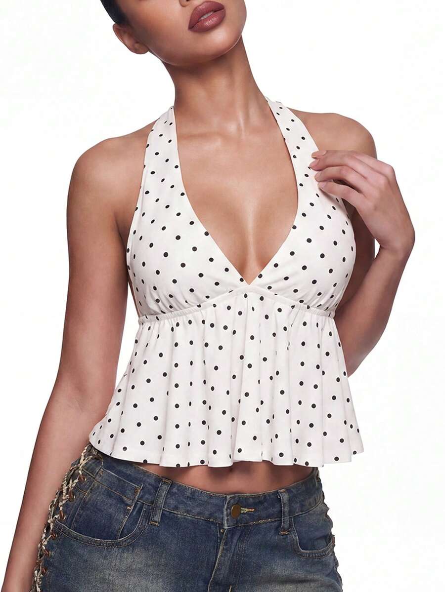 SHEIN ICON 夏季女士外出性感假日波点印花荷叶边吊带背心 - 白色 - 查看 1