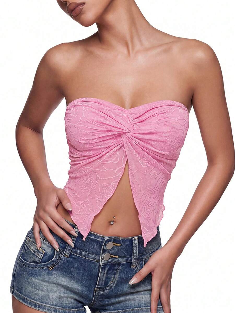 SHEIN ICON Spring Twist Front Split Hem Tube Pink Top - Pink - View 1