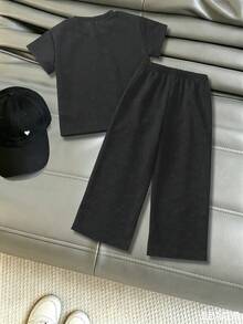 Elladie kids 女童水洗炭黑色愛心圖案中袖運動衫運動褲兩件套，日常穿著，夏季，幼兒園，7歲生日，公主風 - 灰色 - 查看 3