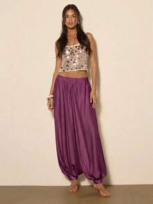 COSMINA Women's Solid Color Pleated Casual Boho Versatile Daily Lantern Pants Everyday Vacation Dark Purple Fall - Burgundy - View 3